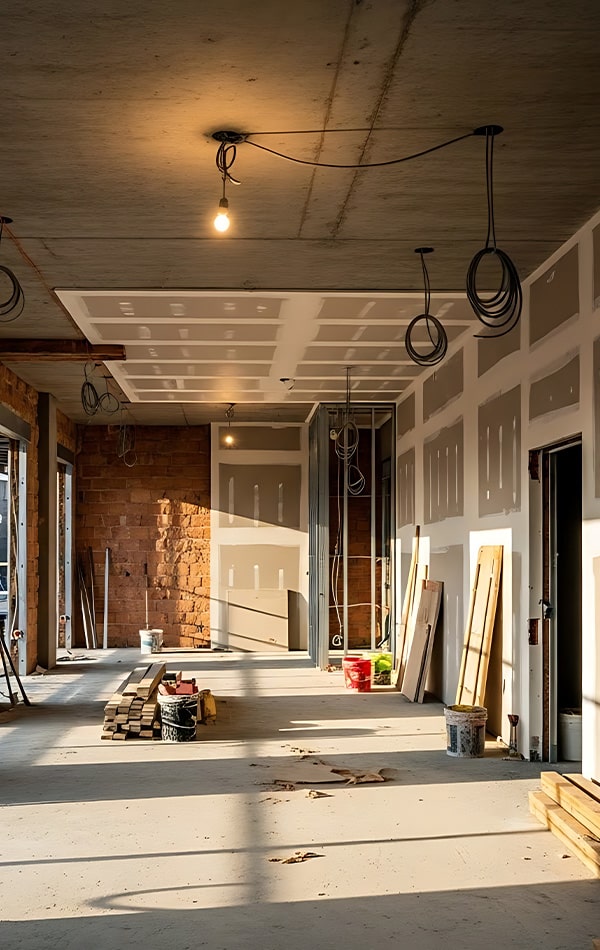 A construction site hallway with exposed brick, drywall, and hanging cables. Sunlight casts long shadows on the floor.