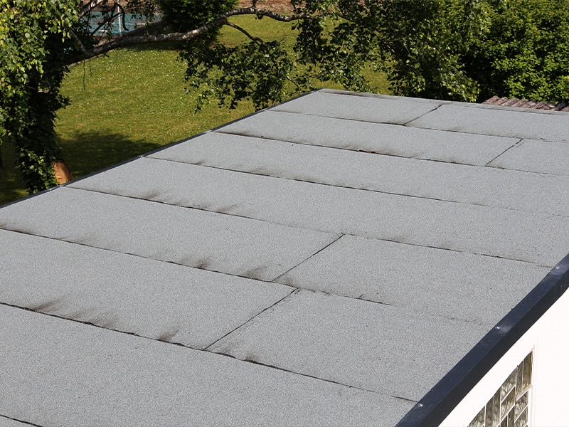 Flat grey rooftop with visible seams and slight discolouration, surrounded by lush green trees and a vibrant lawn.