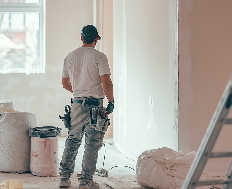 A construction worker in a white shirt and jeans stands in a sunlit room under renovation, surrounded by tools, paint cans, and a ladder.