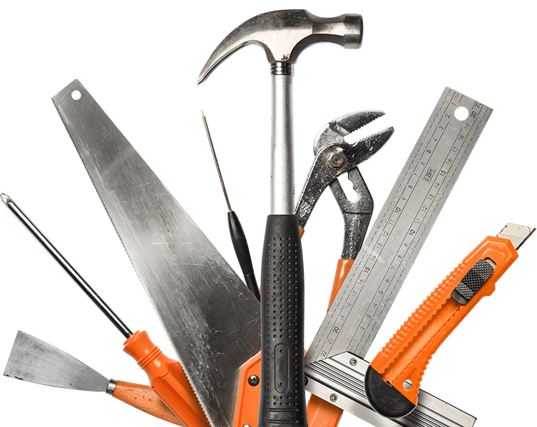 A collection of various tools, including a hammer, saw, screwdriver, wrench, and utility knife arranged in a fan shape.